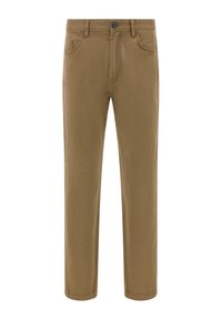 Chinos marrones con un diseño de pierna recta, fabricados en material de mezcla de algodón, que cuentan con un cierre frontal de botón y cinco bolsillos.
