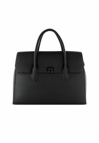 Borsa in pelle nera con forma strutturata, doppio manico superiore, chiusura a pattina e discreto marchio sulla parte frontale. Texture liscia.