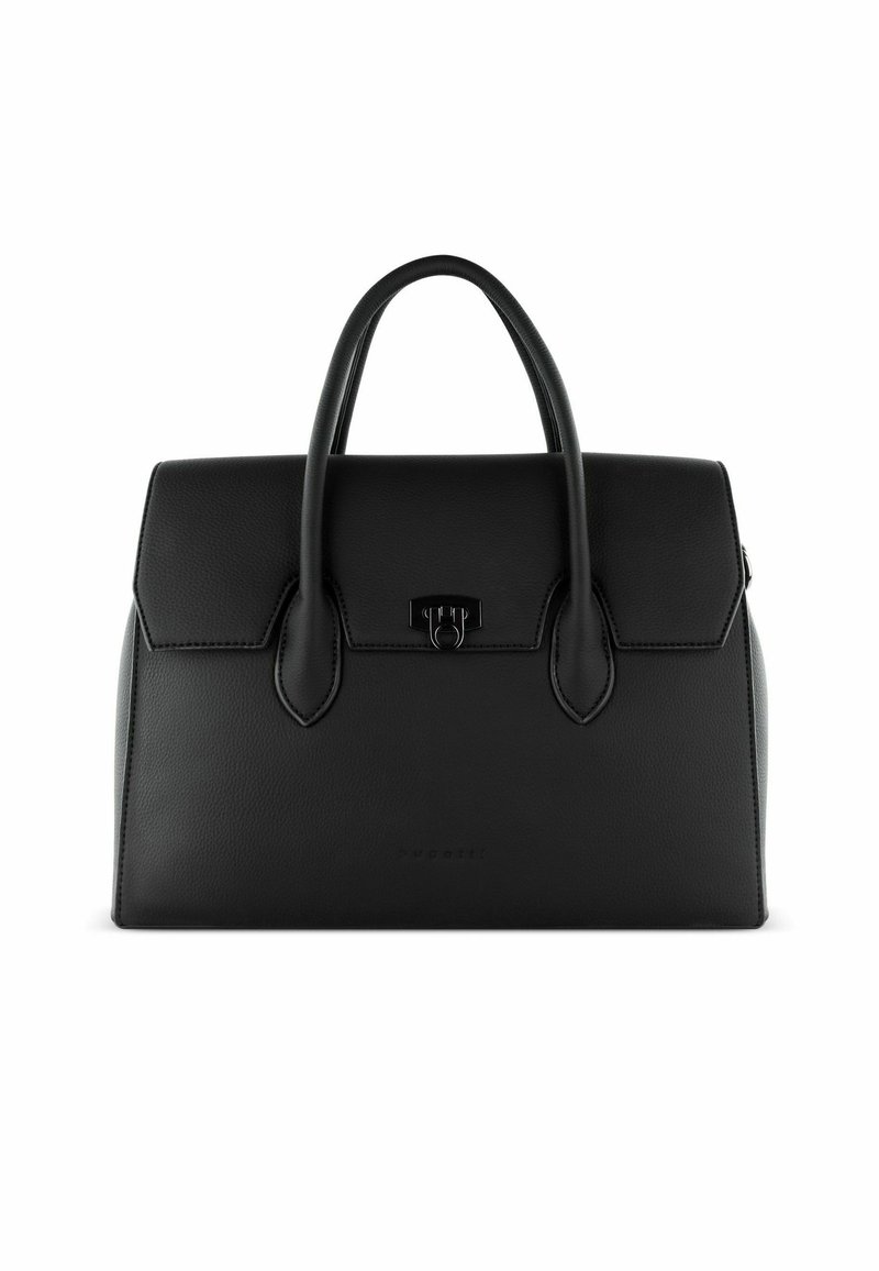 Borsa in pelle nera con forma strutturata, doppio manico superiore, chiusura a pattina e discreto marchio sulla parte frontale. Texture liscia.