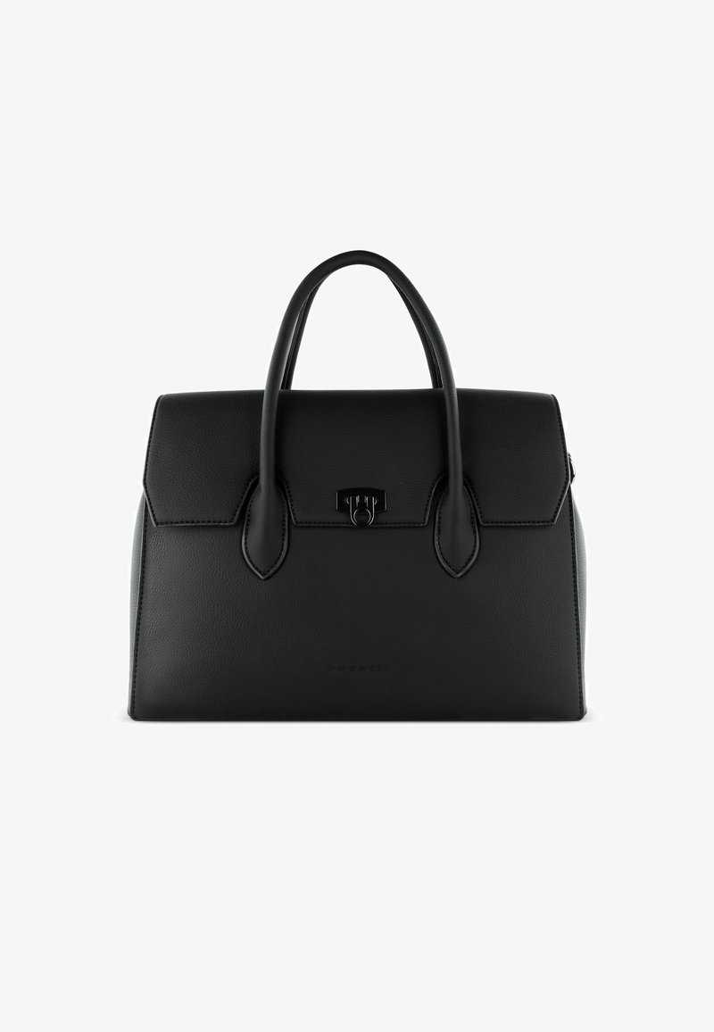 Borsa in pelle nera con forma strutturata, doppio manico superiore, chiusura a pattina e discreto marchio sulla parte frontale. Texture liscia.