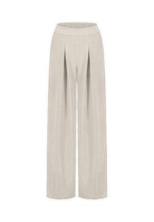 Beige wide-leg pants with pleats and an elastic waistband, made from lightweight textured fabric.