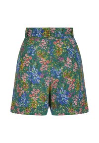 Korkeavyötäröiset vihreät shortsit, joissa on monivärinen kukkakuosi, jossa on sinisiä, vaaleanpunaisia ja keltaisia kukkia, sekä leveä vyötärönauha.