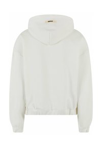 White cropped hoodie made of soft fabric, featuring a hood, ribbed cuffs, and a simple back design with a label at the neck.