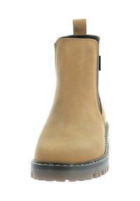 Stivali alla caviglia in pelle marrone con lati elastici, linguetta e suola chunky nera. Texture liscia con design leggero per un facile utilizzo.