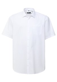 Witte korte mouwen shirt met een knoopsluiting aan de voorkant, één borstzak en een klassieke kraag. Gladde stof met een eenvoudig, strak ontwerp.