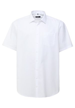 Witte korte mouwen shirt met een knoopsluiting aan de voorkant, één borstzak en een klassieke kraag. Gladde stof met een eenvoudig, strak ontwerp.