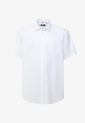 Witte korte mouwen shirt met een knoopsluiting aan de voorkant, één borstzak en een klassieke kraag. Gladde stof met een eenvoudig, strak ontwerp.