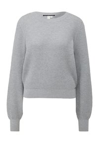 Pull en maille texturée gris clair avec manches longues, poignets côtelés et ourlet côtelé, taille petite avec un col rond.
