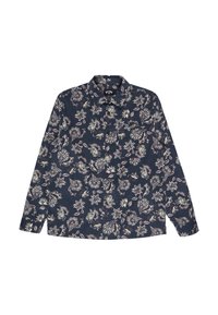 Marineblauw overhemd met een bloemen- en paisleypatroon in crème en lichtroze. Lange mouwen met knoopmanchetten, klassieke kraagontwerp.