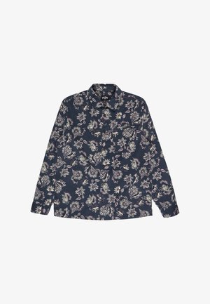 Tummansininen napitettava paita, jossa on kukka- ja paisleykuvio cream- ja vaaleanpunaisissa sävyissä. Pitkät hihat napitettuine mansetteineen, klassinen kaulustyyli.