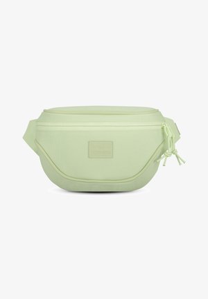 Jasnozielona nerka wykonana z gładkiego materiału, z zamkiem błyskawicznym, regulowanym paskiem i naszywką z logo z przodu.