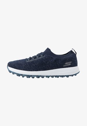 Scarpa da ginnastica in maglia blu navy con suola bianca, chiusura frontale con lacci, suola antiscivolo testurizzata e asola sul tallone.