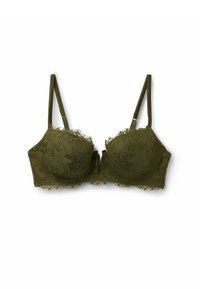 Olivengroen kanten beha met gepofte cups, bloemenpatroon, golvende kanten randen en verstelbare bandjes. Gladde textuur. Haaksluiting aan de achterkant.