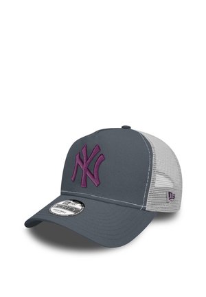 Gray cap with a purple embroidered "NY" logo. Features a flat brim and mesh back for breathability. Adjustable size for fit.