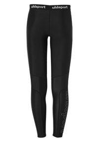 Leggings de sport noirs en matériau extensible. Présentent un design ajusté, des panneaux contrastants et une taille avec le logo "uhlsport".