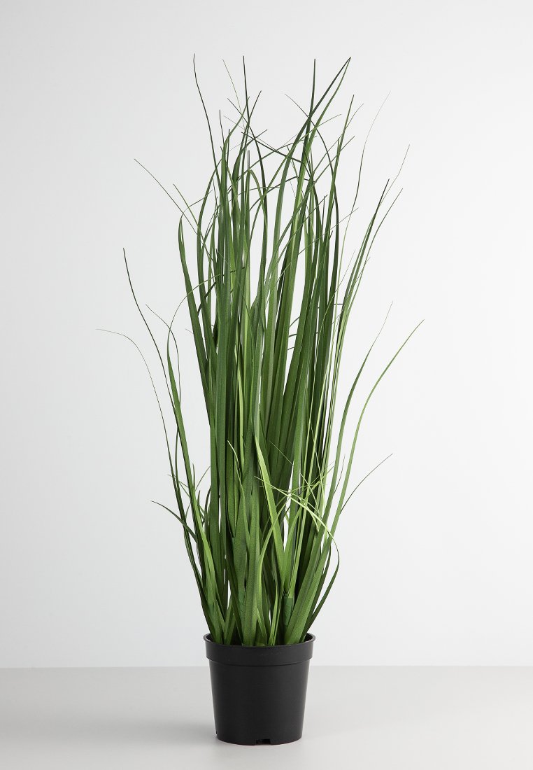 Planta artificial en una maceta negra con hojas largas y delgadas de color verde que parecen hierba; textura realista y crecimiento hacia arriba.