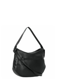 Borsa a spalla in pelle nera con design curvo, tracolla regolabile e tasca esterna con zip. Texture liscia con accenti minimali.
