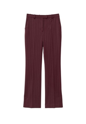 Burgundy trousers with vertical white stripes, woven fabric, straight-leg design, mid-rise waist, belt loops, and no visible pockets.
