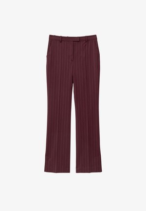 Burgundy trousers with vertical white stripes, woven fabric, straight-leg design, mid-rise waist, belt loops, and no visible pockets.