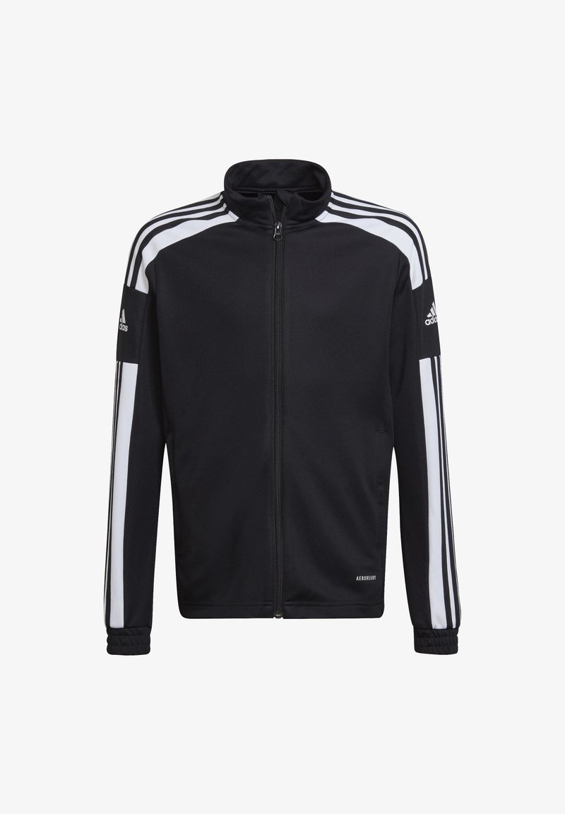 Sort lynlåse track-jakke med hvide skulderstriber og logo accenter. Har høj krave og ribbede manchetter for et tæt fit.