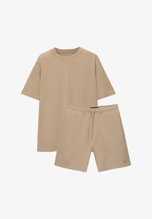 Beige cotton t-shirt and shorts set. T-shirt has a crew neckline, regular fit; shorts have an elastic waistband and drawstring.