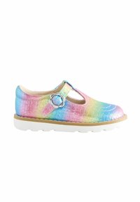 Mary Jane shoe in iridescent rainbow tones with a textured surface, buckle accent, and a white sole. Features a rounded toe and cutout sides.