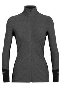 Chaqueta gris con cremallera, cuello alto, mangas largas y detalles en negro. Presenta una tela texturizada y un ajuste aerodinámico con bolsillos laterales.