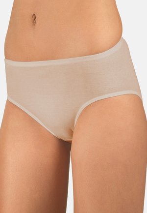 Beige Baumwollstretch-Slip mit glatter Textur, hohem Bund und nahtlosem Design für Komfort. Umarmt die natürlichen Kurven des Körpers.