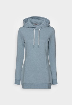 Sweat à capuche bleu clair à manches longues, cordons blancs, poches avant et taille ajustée, présenté sur fond blanc uni.