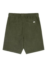 Grüne Leinenshorts mit elastischem Bund, zwei Gesäßtaschen und einem kleinen Etikett auf der rechten Seite. Mittellanges Design.