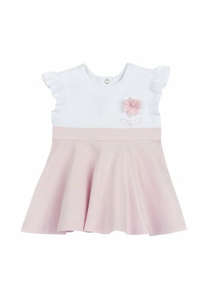 Vestitino bianco e rosa chiaro per neonati con maniche a sbuffo, decorazione floreale rosa e gonna a campana.