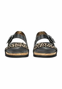 Černé sandály se zvířecím vzorem, se dvěma popruhy, s detailem přezky, korkovou podešví a hladkým černým vnitřkem. Plochý design, otevřená špička.