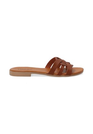 Brune lædersandal i slide-model med tre vævede remme, flad sål og en glat overflade, der har et minimalistisk design og lys tan indersål.