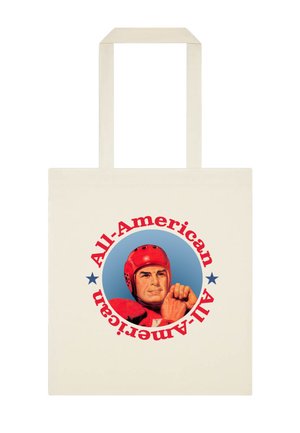 Płócienna torba na ramię z wizerunkiem vintage piłkarza nożnego w czerwonym kasku i koszulce, otoczonym czerwonym napisem "All-American".