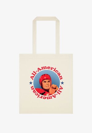 Canvas-taske med en vintage fodboldspiller iført en rød hjelm og trøje, omgivet af rød tekst, der lyder "All-American".