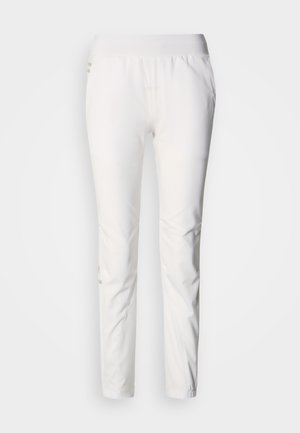 Fehér sportnadrág elasztikus derékpánttal, szűkülő szárakkal és finom varrásokkal, oldalt világos díszítő részletekkel.