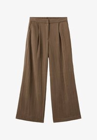 Pantalones marrones de pierna ancha con pliegues, bolsillos laterales y cintura elástica, confeccionados con tela texturizada.