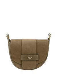 Καφέ τσάντα crossbody από σούεντ με καμπύλο καπάκι και μικρό χρυσό λογότυπο μπροστά, με μεταλλικά στοιχεία σε χρυσό τόνο.