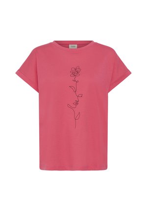 Ružičasta majica kratkih rukava s jednostavnim crnim linijskim crtežom ruže i listova po sredini sprijeda.