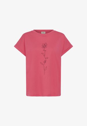 Ružičasta majica kratkih rukava s jednostavnim crnim linijskim crtežom ruže i listova po sredini sprijeda.