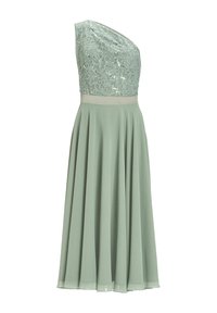 Robe asymétrique avec un corsage en dentelle vert menthe orné de sequins, et une jupe fluide en tissu chiffon lisse, cintrée à la taille.
