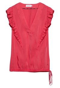 Top color corallo con design avvolgente, maniche corte arricciate e lato arricciato con dettaglio di nodo regolabile. Realizzato in tessuto leggero.