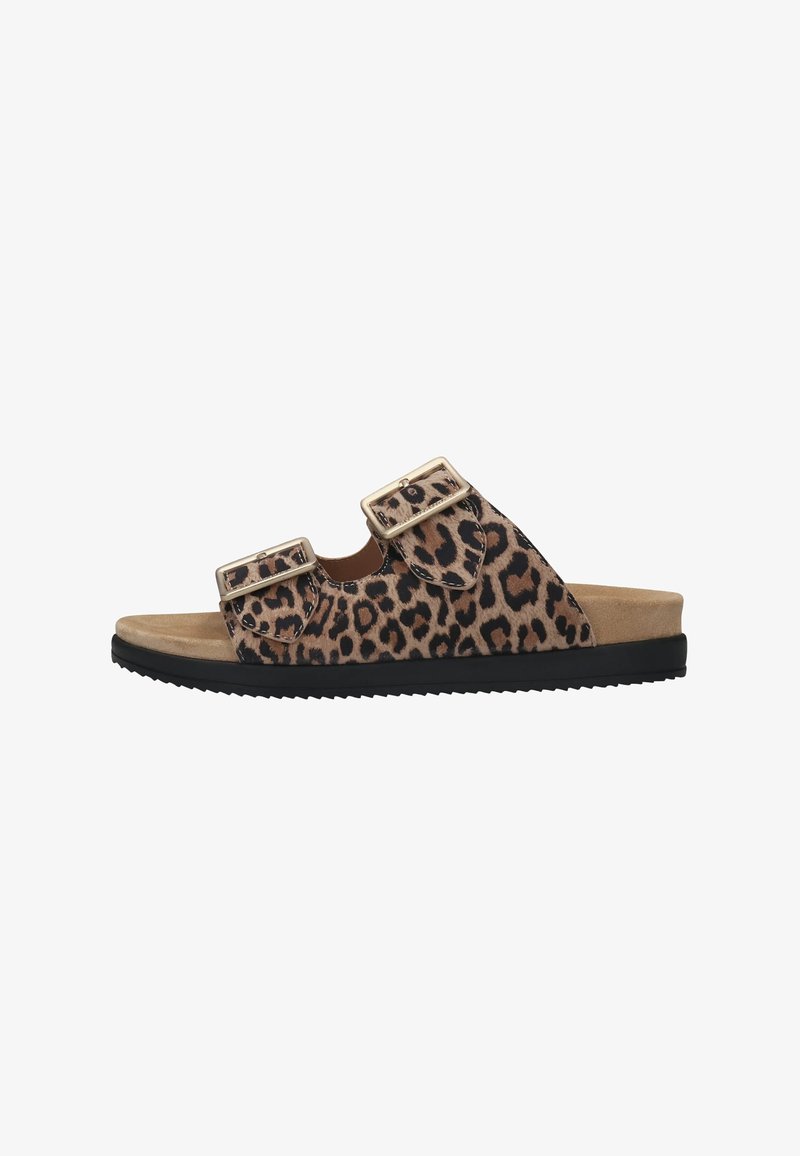 Rutschige Sandale mit Leopardenmusterriemen, die zwei goldene Schnallen, beige gepolstertes Fußbett und schwarze, strukturierte Sohle aufweisen.