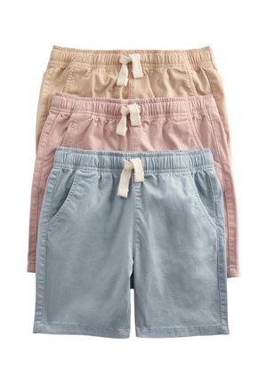 Tre par shorts med elastisk talje og snøre, stablet oven på hinanden; farverne er beige, lyserød og lyseblå, med sidelommer.