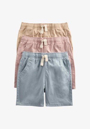 Trzy pary krótkich spodenek z elastycznym pasem i sznurkami do ściągania ułożone w stos; kolory to beżowy, jasnoróżowy i jasnoniebieski, z bocznymi kieszeniami.