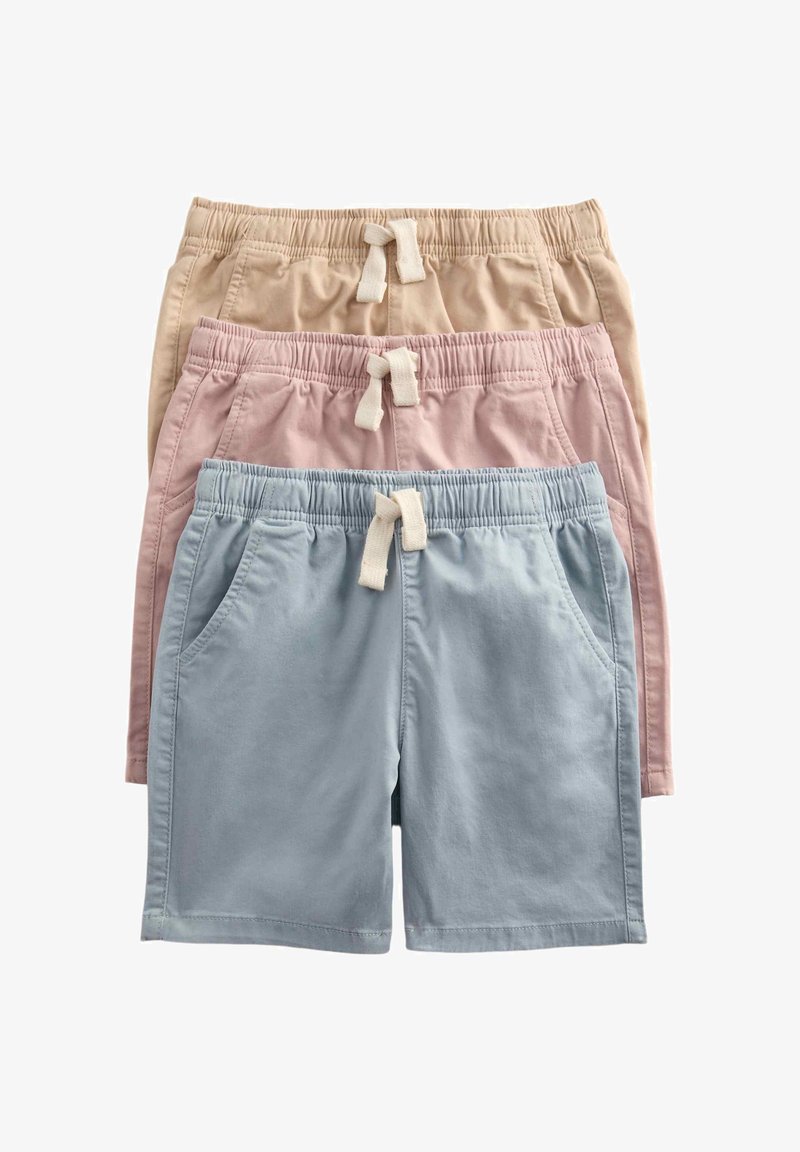 Tres pares de pantalones cortos con cintura elástica y cordones, apilados; los colores son beige, rosa claro y azul claro, con bolsillos laterales.