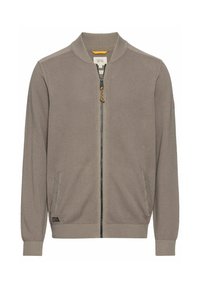 Lichtgrijze zip-up jas met een gestructureerd oppervlak, ribbelboorden en kraag. Voorzien van zijzakken en een contrasterende ritssluiting.