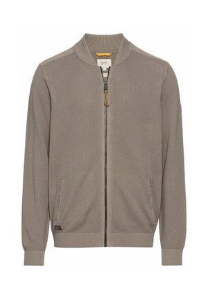 Hellgraue Zip-Jacke mit strukturierter Oberfläche, gerippten Bündchen und Kragen. Verfügt über Seitenfächer und einen kontrastierenden Reißverschlussanhänger.