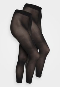 Czarne nieprzezroczyste rajstopy o gładkiej strukturze, z szerokim elastycznym pasem i bezszwowym wykończeniem. Pokazane w dwóch parach razem.
