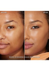 Vorher-Nachher-Bild einer Model mit mittlerem Hautton. Links: natürliche Haut mit sichtbaren Poren. Rechts: glatte, glänzende Oberfläche mit leichtem rosa Lipgloss.